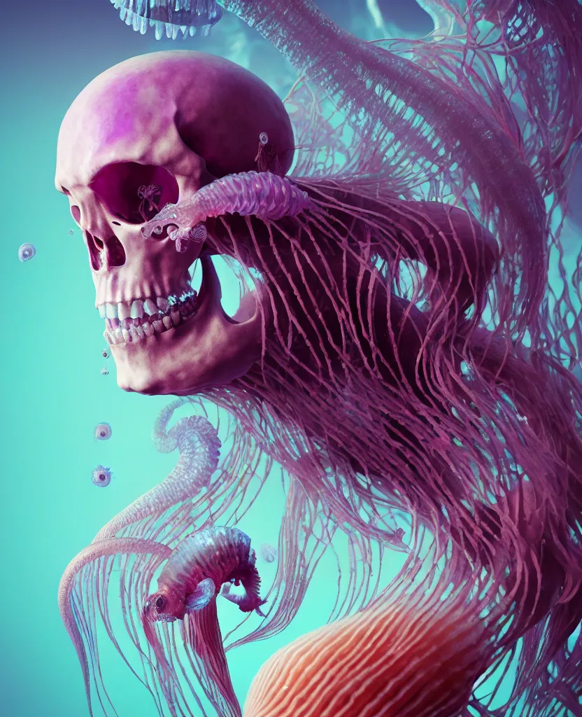 Image similar to goddess close - up portrait human skeleton, ram skull, jellyfish, orchid, betta fish, bioluminiscent, intricate artwork by tooth wu and wlop and beeple. octane render, trending on artstation, greg rutkowski very coherent symmetrical artwork. cinematic, hyper realism, high detail, octane render, 8 k