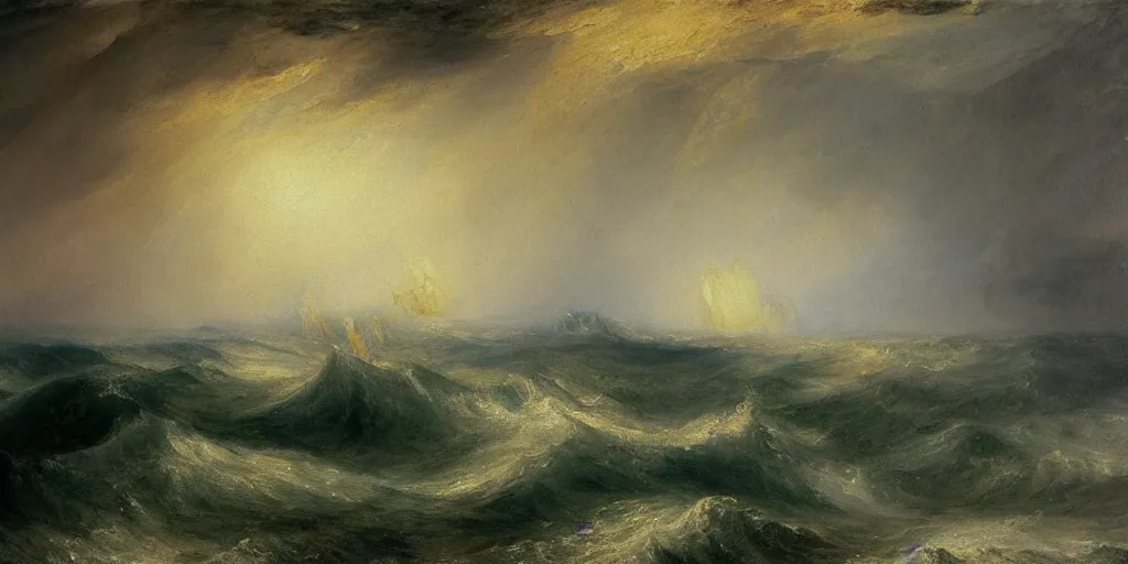 Image similar to A painting of a ship at sea, in a storm, by J.M.W. Turner