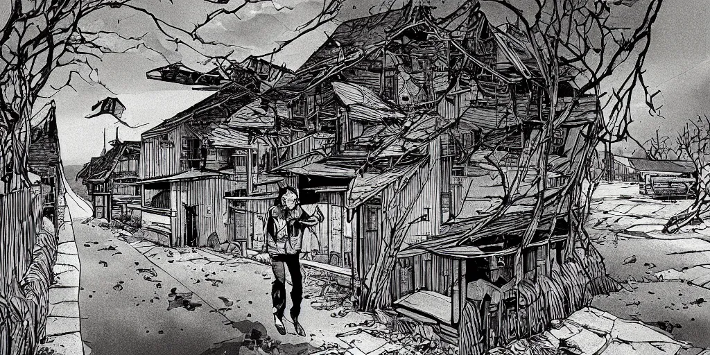 Image similar to beautiful tense illustration of an apocalyptic scene, a man sneaking through an abandoned rural modern village, stephen king atmosphere, 1 9 8 0 s japanese illustrator art, award winning