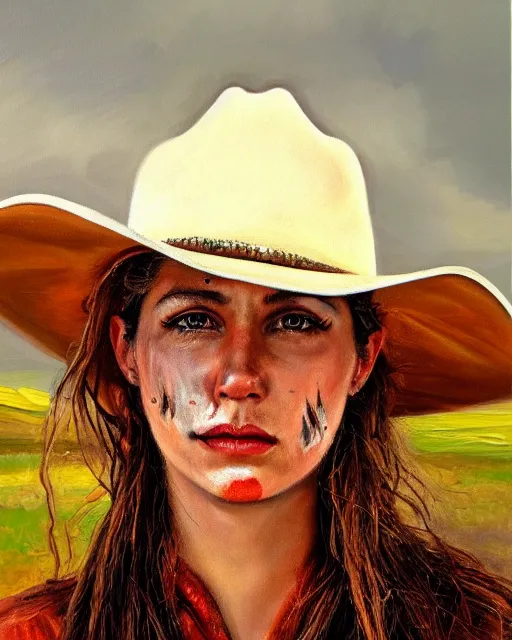 Prompt: oil painting portrait of cowgirl with small burn scar, high production value, intricate details, high resolution, hdr, high definition, masterpiece, realistic, ultrarealistic, highly detailed, hd, sharp focus, non blurry, sharp, smooth