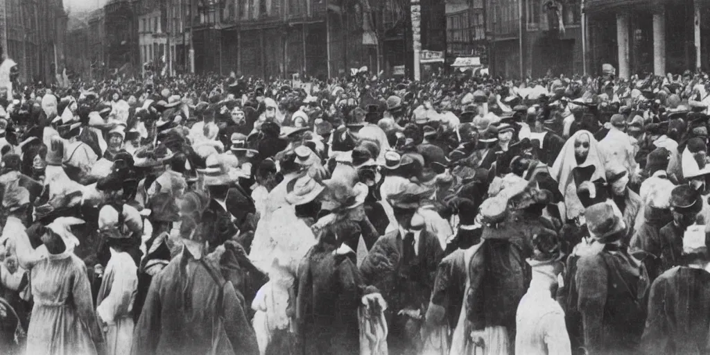 Image similar to scary unproportionable tall ghost creature in the middle of a crowd, 1900s picture