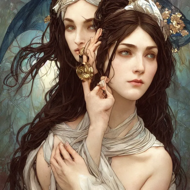 Image similar to Portrait of female cleric with kerchief covering her ears. Blue eyes, black hair, porcelain skin, full lips, high slanted cheekbones. Magical glow. Fantasy art by artgerm and greg rutkowski and alphonse mucha, intricate, elegant, highly detailed, dramatic lighting, digital painting, concept art, illustration, award winning on artstation, D&D, AD&D.