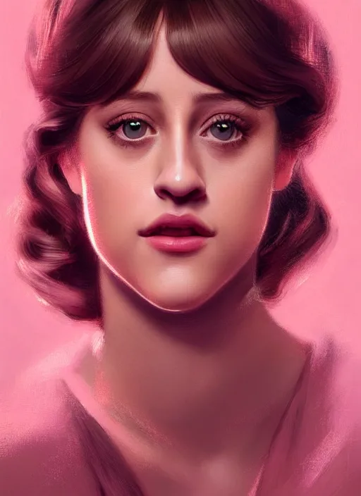 Image similar to portrait of lili reinhart with fluffy bangs, bangs, 1 9 6 0 s, ponytail, curly bangs and ponytail, rounder face, intricate, elegant, glowing lights, highly detailed, digital painting, artstation, concept art, smooth, sharp focus, illustration, art by wlop, mars ravelo and greg rutkowski