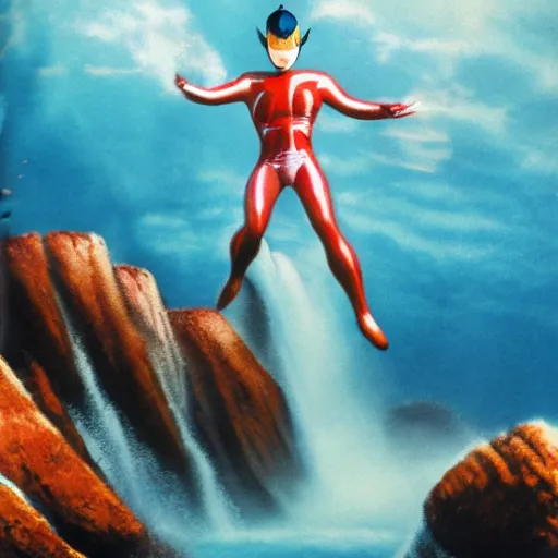 Image similar to a realistic photo of an ultraman swimming in a waterfall in the mountain