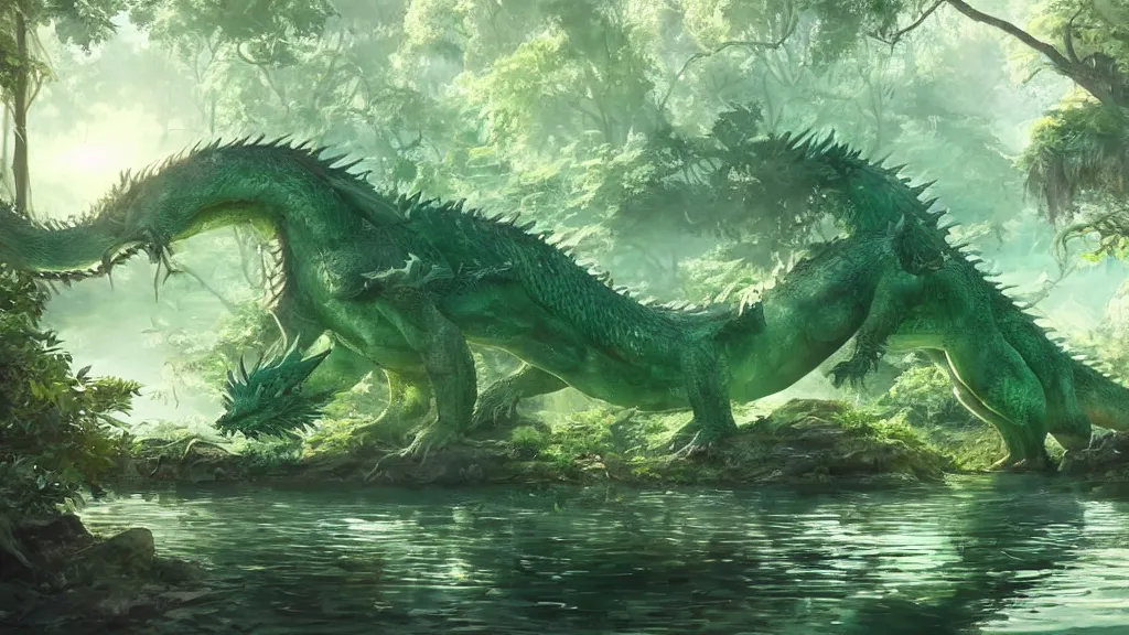 Image similar to in a peaceful pond with a clear water, there is a majestic ancient dragon with intricate green scale who peacefully sleep, dynamic lighting, cinematic lighting, lit by morning light, by krenz cushart and artgerm, unreal engine, featured on artstation