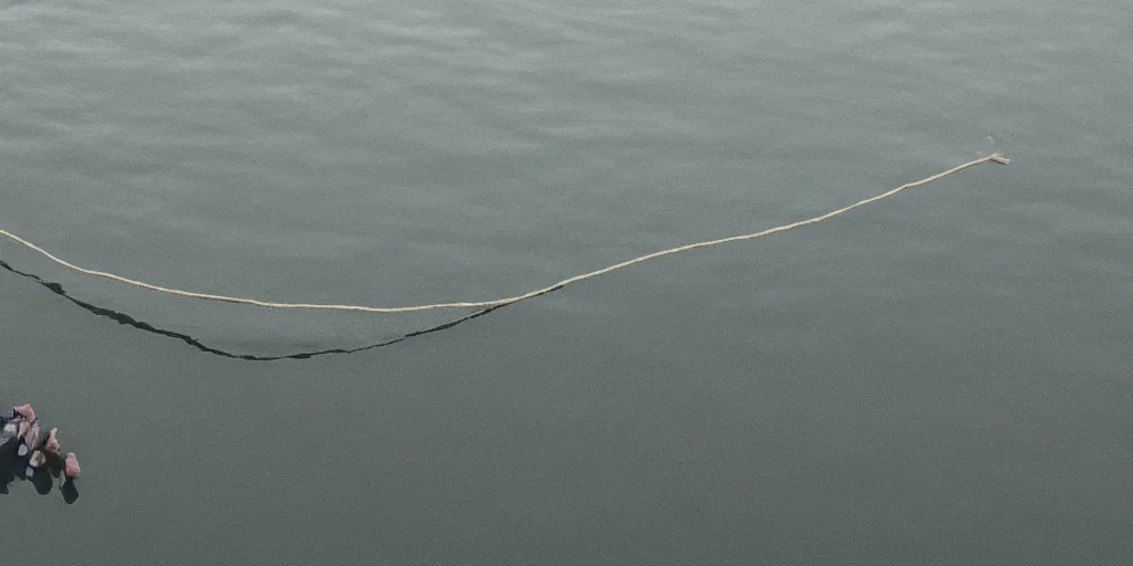 Image similar to an infinitely long rope floating to surface of water snaking zig zag in the center of the lake, overcast lake, 2 4 mm leica anamorphic lens, moody scene, stunning composition, hyper detailed, color kodak film stock