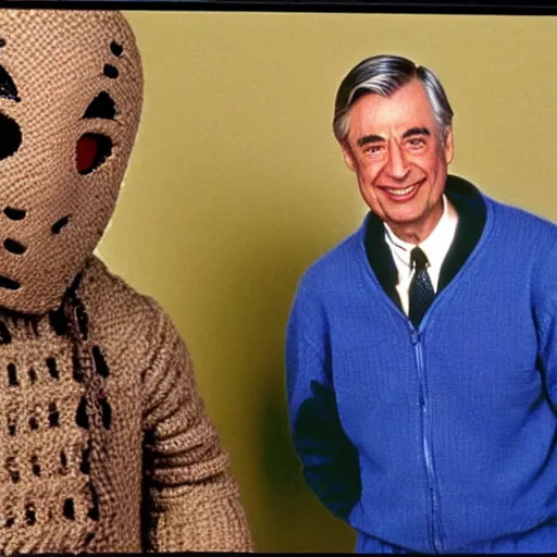 Image similar to Mr. Rogers hanging out with Jason Voorhees from the movie Friday the 13th