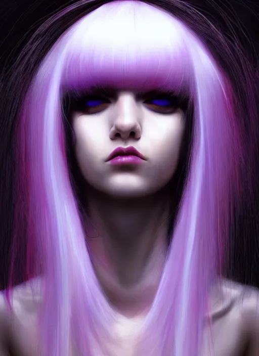 Image similar to hair whitebangs hair, black cyberlox, portrait of teenage girl with white bangs, whitebangsblackhair, messy bangs, cyberlox, whitebangs, red irises, purple clothes, intricate, elegant, glowing lights, highly detailed, digital painting, artstation, concept art, sharp focus, illustration, art by wlop, mars ravelo and greg rutkowski