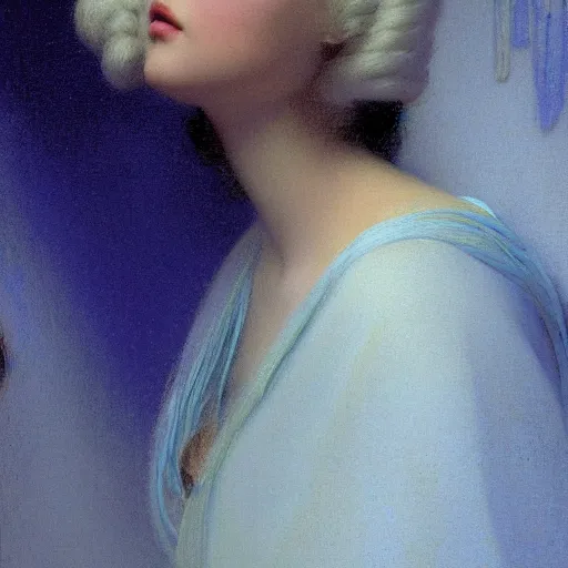 Prompt: a young woman's face, her hair is white and she wears an indigo blue satin cloak, by ivan aivazovsky and syd mead and moebius and gaston bussiere and roger dean and pieter claesz and paul delaroche and alma tadema and aelbert cuyp and donato giancola, hyperrealistic, volumetric light, octane render