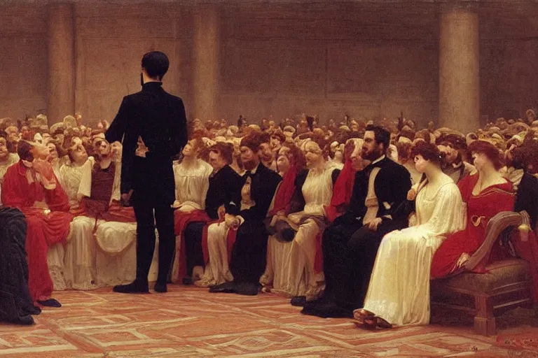 Prompt: flamboyant king giving a speech before his dubious court | fairy tale | Jules Joseph Lefebvre