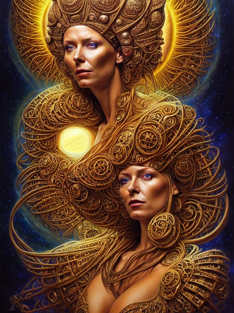 Image similar to hyper-realistic fullbody portrait. very complex hyper-maximalist overdetailed cinematic cosmic scifi portrait of an elegant very attractive sun goddess mother of the universe by andrei riabovitchev, tomasz alen kopera, oleksandra shchaslyva and peter morbacher. Extremely ornated and decorative. Fancy luxury beautiful. Omnious intricate. Secessionist portrait illustration. Goddess of the sky. Focus on face. Artstation. Deviantart. 8k 4k 64megapixel. Rendered by binx.ly.