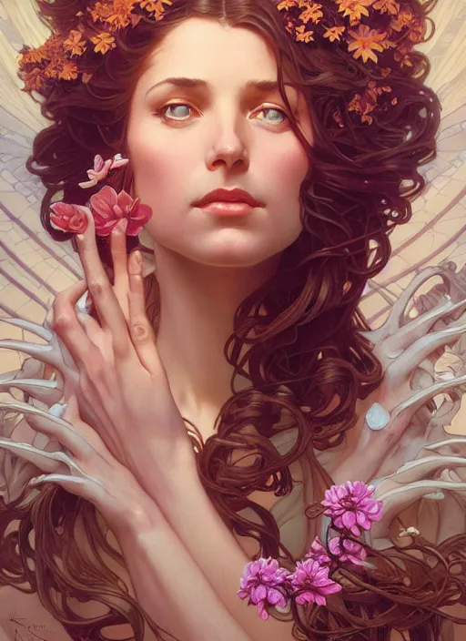 Image similar to leyendecker, michael whelan, beautiful french woman with long wavy hair, graceful arms, jewels, flowers, art nouveau, stephen bliss, unreal engine, by greg rutkowski, loish, ferdinand knab, ilya kuvshinov, rossdraws, tom bagshaw, alphonse mucha, global illumination, radiant light