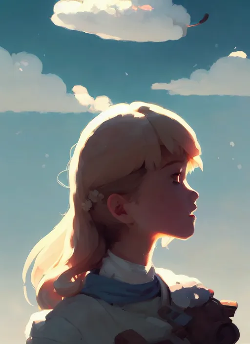 Image similar to portrait of cute maiden girl cowered, cloud sky background, by atey ghailan, by greg rutkowski, by greg tocchini, by james gilleard, by joe gb fenton, by kaethe butcher, dynamic lighting, gradient light blue, brown, blonde cream and white color in scheme, grunge aesthetic