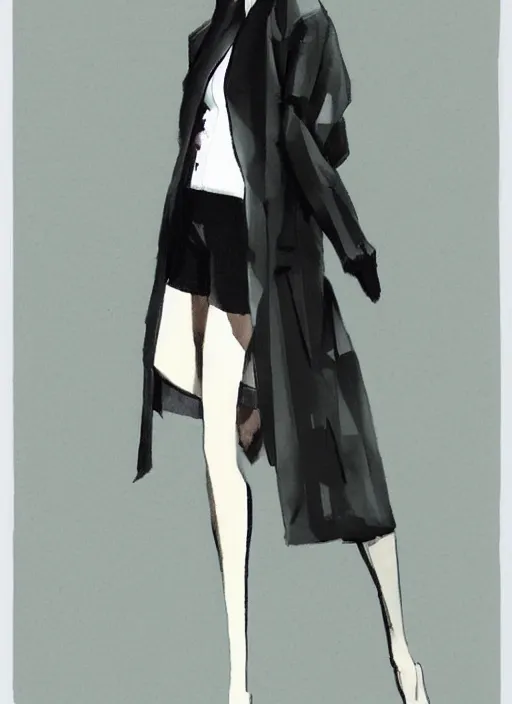 Prompt: a yoji shinkawa sketch of a girl with long legs wearing a one piece outfit and a black coat inspired by a puffy japanese kimono designed by balenciaga