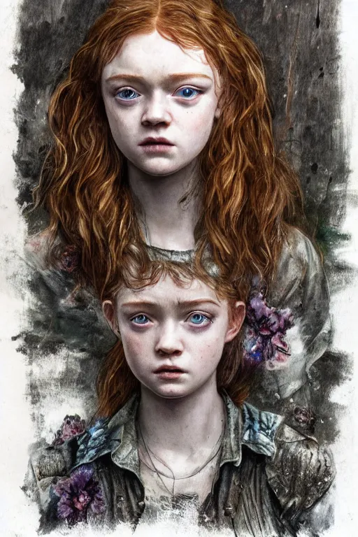 Image similar to sadie sink as ellie in the last of us, dirt, fashion, fantasy, art by ayami kojima, vasnetsov, cedric peyravernay