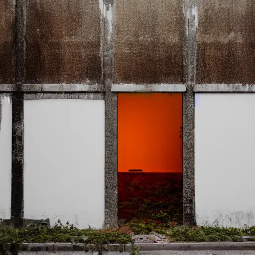 Prompt: overgrown building with white walls, orange light comes from inside, night