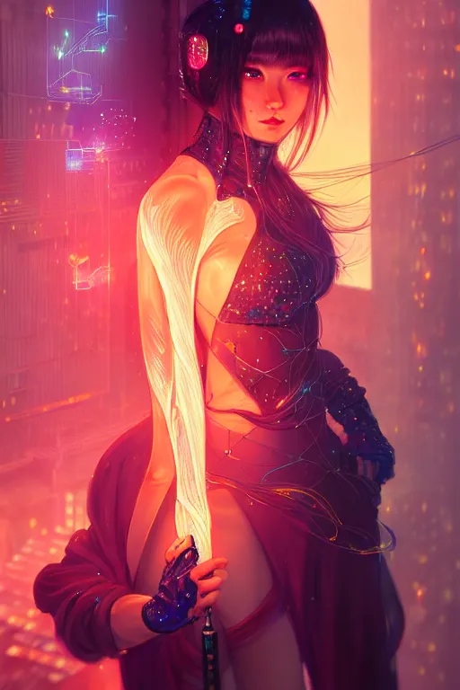 Prompt: portrait futuristic wizard Girl with fire and sparkles, in future cyberpunk tokyo rooftop , ssci-fi, fantasy, intricate, very very beautiful, elegant, human anatomy, human structure, neon light, highly detailed, digital painting, artstation, concept art, smooth, sharp focus, illustration, art by tian zi and WLOP and alphonse mucha