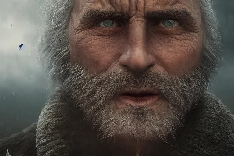 Prompt: an ultra realistic cinematic close up headshot portrait of an evil wizard, background of a vast serene landscape with trees and rivers, detailed, deep focus, movie still, dramatic lighting, ray tracing, by michal karcz and yoshitaka amano