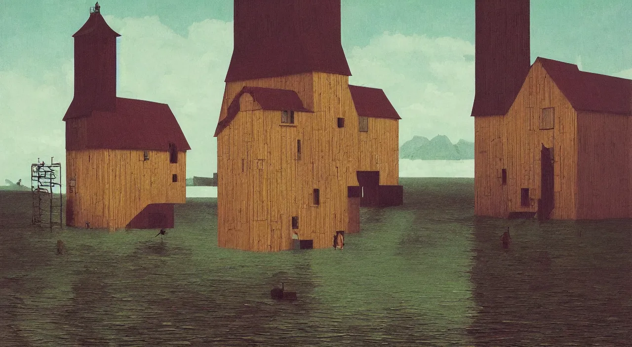 Prompt: single flooded simple infested wooden tower, very coherent and colorful high contrast!! masterpiece by rene magritte simon stalenhag carl spitzweg syd mead norman rockwell edward hopper james gilleard, minimalist, dark shadows, sunny day, hard lighting