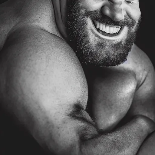 Image similar to Black and white photography of a very muscular shrek smiling with a chiseled jawline and trimmed beard