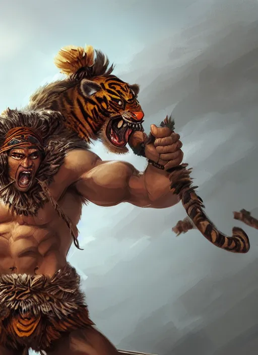 Image similar to a highly detailed illustration of a fierce tribal warrior wearing a tiger mane hat, heroically screaming into the sky pose, muscular, intricate, elegant, highly detailed, centered, digital painting, artstation, concept art, smooth, sharp focus, league of legends concept art, WLOP