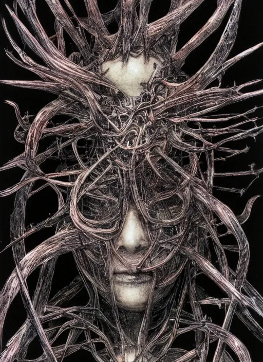 Image similar to portrait of yoshitaka amano's neural nightmare, stark composition