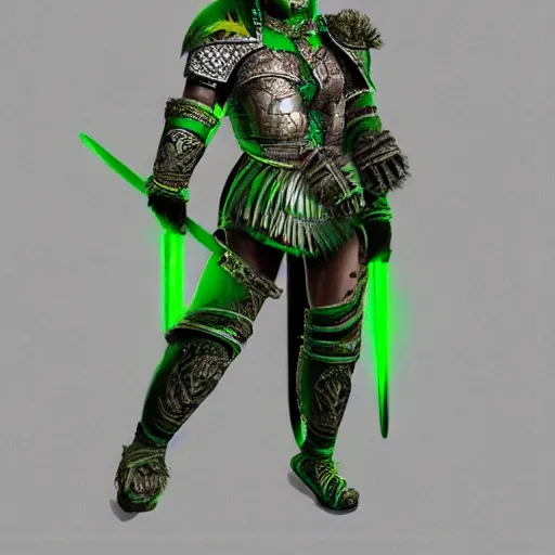 Prompt: maya warrior in a ornated armor preparing for war, full body, dynamic pose, green and gray neon, concept art, intricate details, highly professionally detailed, cgsociety, highly detailed -