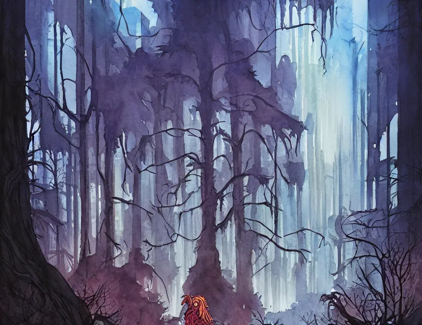 Image similar to lost forest spirit in a metropolis. this watercolor painting by the award - winning comic artist has dramatic lighting, an interesting color scheme and great sense of depth.