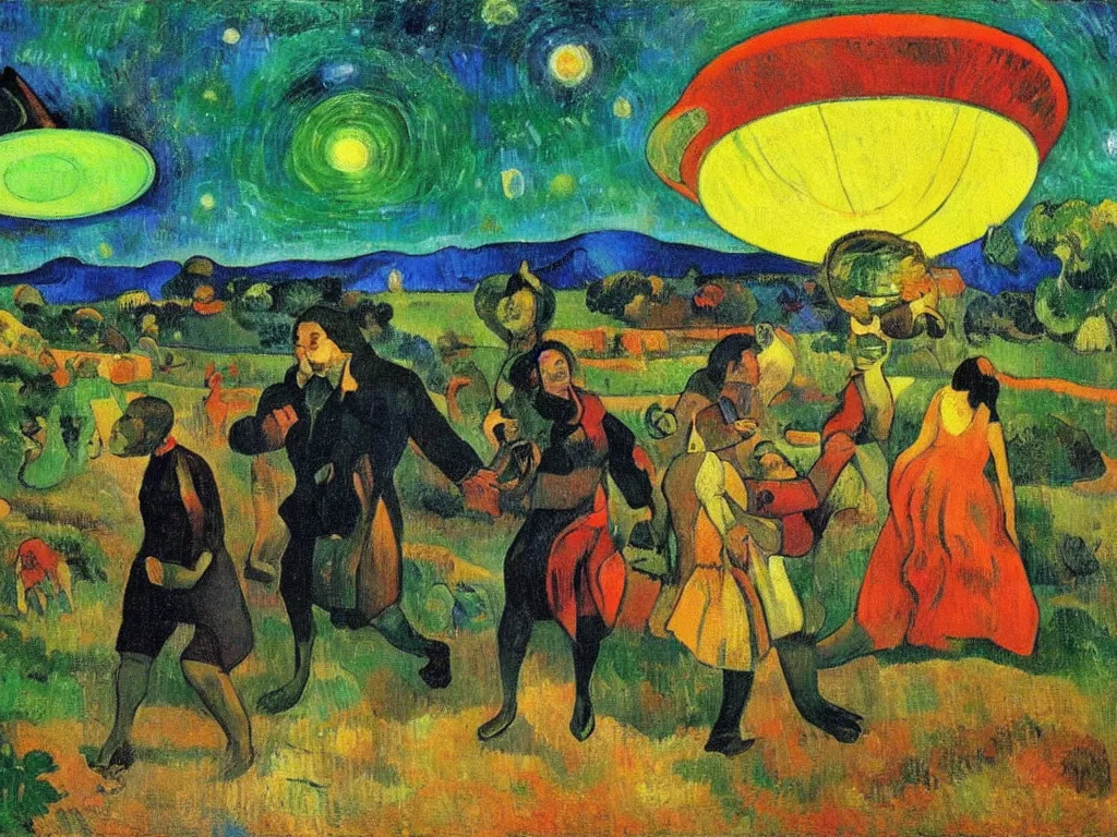 Image similar to bright beautiful oil painting of flying saucer abducting paul gauguin from arles france with a glowing green light, light scatter, van gogh