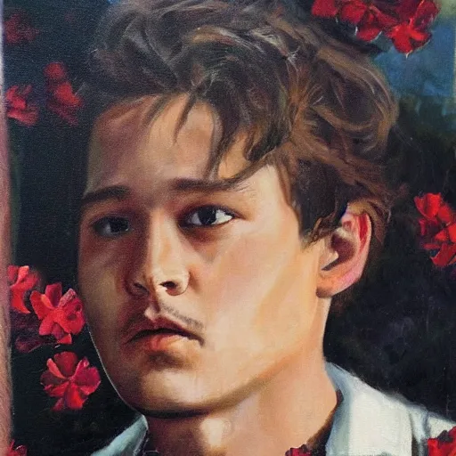 Prompt: young jhonny depp wearing a red aloha shirt with black flowers, oil painting by titian