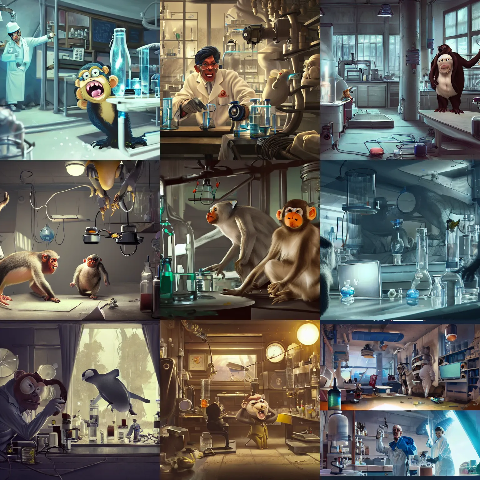 Prompt: a crazy scientist, looking at a hybrid of a monkey and a penguin, inside of his lab, cinematic, detailed, 4K UHD, trending on artstation