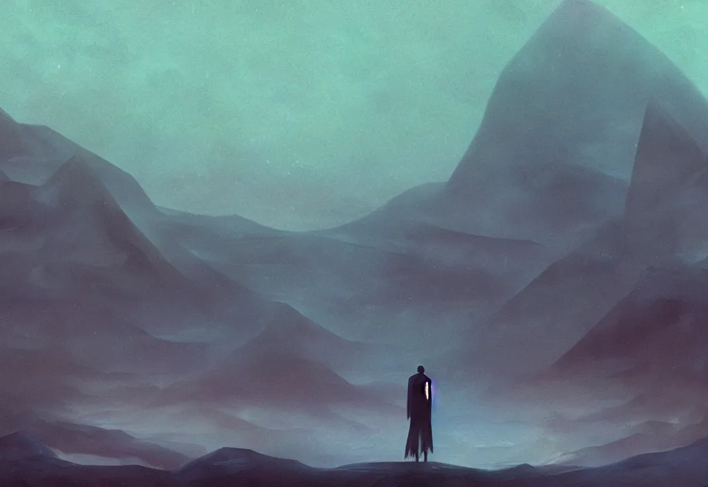 Image similar to a dramatic epic ethereal stunning beautiful and insanely detailed matte painting of a Blade Runner movie still, a small silhouette contemplates the landscape, atmospheric and vaporwave composition, digital art by Kilian Eng and Jean Giraud, winning-award masterpiece, fantastic, octane render, 8K HD Resolution, High quality image