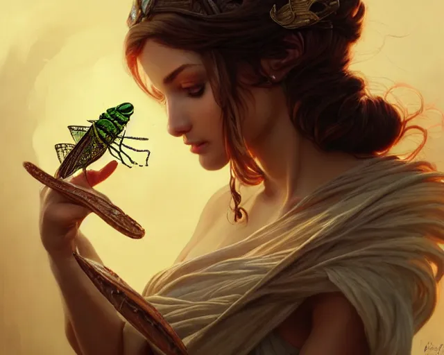 Prompt: highly detailed art of a woman casting a spell on a grasshopper, deep focus, d & d, fantasy, intricate, elegant, highly detailed, digital painting, artstation, concept art, matte, sharp focus, illustration, hearthstone, art by artgerm and greg rutkowski and alphonse mucha