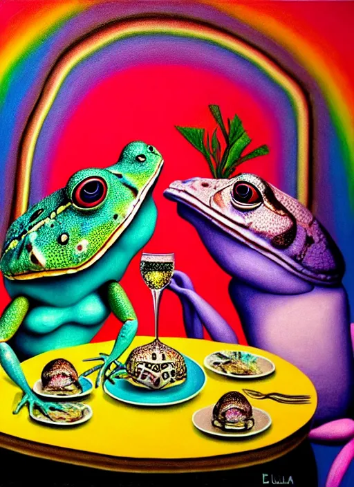 Prompt: realistic detailed image of a heavy tattooed frog couple in baroque italian restaurant eating colorful flamingo brain salad and roasted rainbow dishes and drinking sparkling wine by Bel Fullana, Adrian Ghenie, Storm Thorgerson, and Beeple, neo expressionism art, semi naive, neo noir, renaissance color palette, cinematic. Beksinski painting, part by Hilma af Klint and Daniel Richter. art by Andrei Tarkovsky. masterpiece