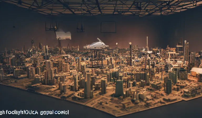 Image similar to crane shot of large group people in open warehouse, looking at hologram of futuristic city on a table, cinematic concept, godrays, golden hour, natural sunlight, 4 k, clear details, tabletop model buildings, tabletop model, ethereal hologram center, crane shot, crane shot, rule of thirds, people, people, tabletop