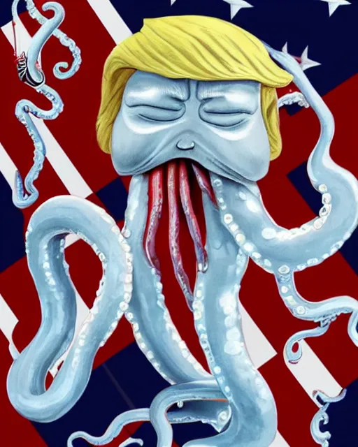 Prompt: Donald Trump with Octopus Tentacles for hands, the tentacles are wet, glistening, and very realistic