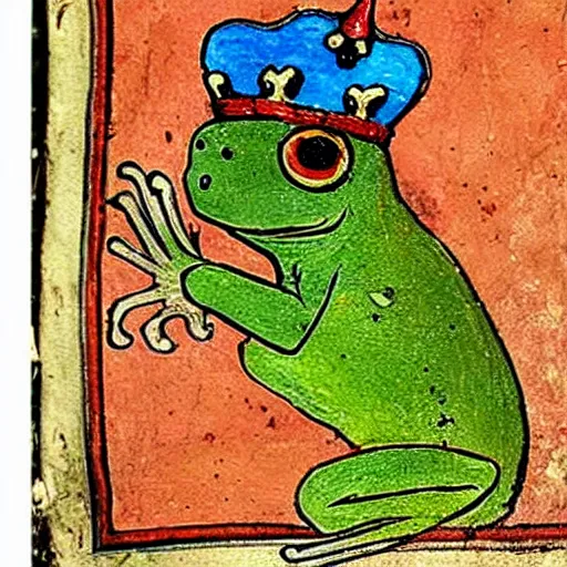 Image similar to beautiful medieval book manuscript painting of a frog wearing a crown