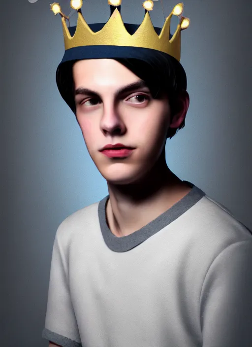 Image similar to portrait of teenage jughead jones wearing a light grey crown, photorealistic, crown made of felt fabric, crown, crown made of felt, black hair, intricate, elegant, highly detailed, digital painting, glowing lights, artstation, concept art, smooth, sharp focus, illustration, art by wlop, mars ravelo and greg rutkowski