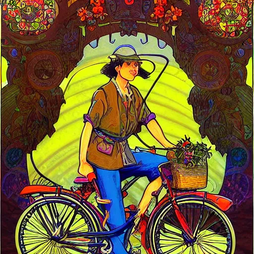 Image similar to hoffman bicycle trip, blotter art, in the style of robert crumb and lisa frank, studio ghibli, mucha, art nuevo, art deco, beautiful nature, serenity, cartoon, realistic, photograph, trending on artstation, vivid, surreal, beautiful, loving athmosphere