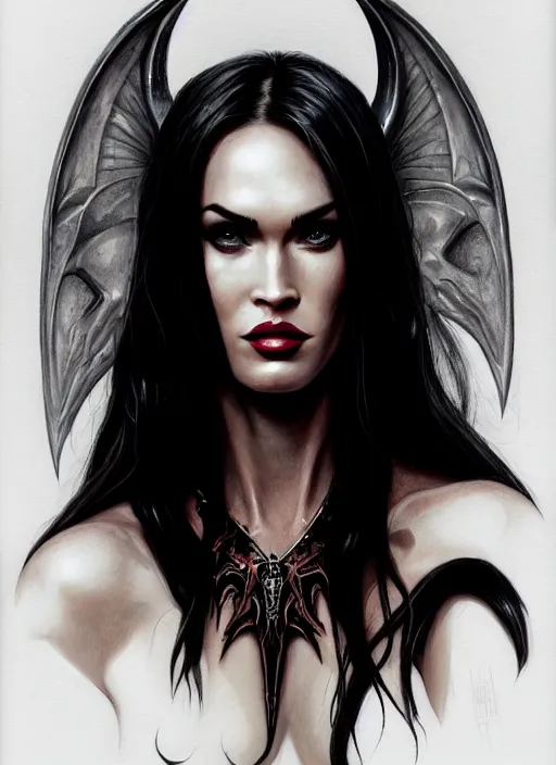 Prompt: portrait of megan fox as a evil demon, hornes, batwings, hell, jewelry, greek, dark, intricate, headshot, key visual, conceptart, ambient lighting, highly detailed, digital painting, artstation, concept art, sharp focus, by makoto shinkai and akihiko yoshida and greg manchess