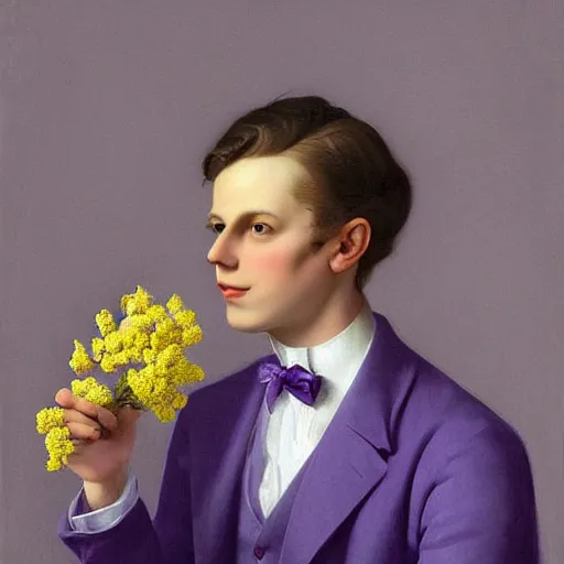 Image similar to young man in lilac suit holds dried flowers yellow and white messy bouquet at night, mild shadows, creepy shadow figures at the wall, cinematic lighting, highly detailed, digital art, Renaissance painting, by Leyendecker, by Rutkowsky,