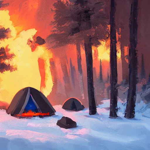 Image similar to a camp with tents on fire, burning down, shadows of 3 girls watching the camp burn, snow, dusk, painted by Sylvain Sarrailh, trending on Artstation