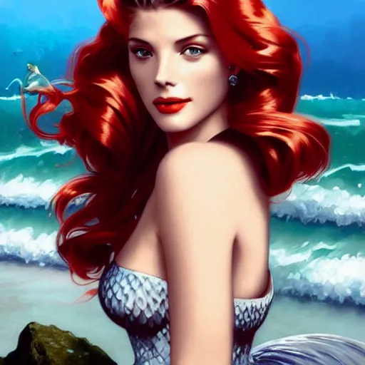 Image similar to A combination of Grace Kelly's and Katheryn Winnick's and Ashley Greene's faces with red hair as a mermaid half submerged on the beach, western, fantasy, intricate, elegant, highly detailed, digital painting, artstation, concept art, matte, sharp focus, illustration, art by Artgerm and Greg Rutkowski and Alphonse Mucha