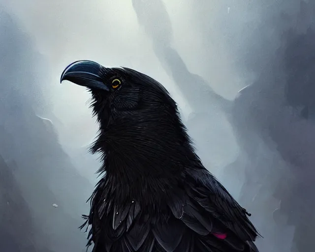 Prompt: highly detailed black raven bird, deep focus, d & d, fantasy, intricate, elegant, highly detailed, digital painting, artstation, concept art, matte, sharp focus, illustration, hearthstone, art by artgerm and greg rutkowski and alphonse mucha