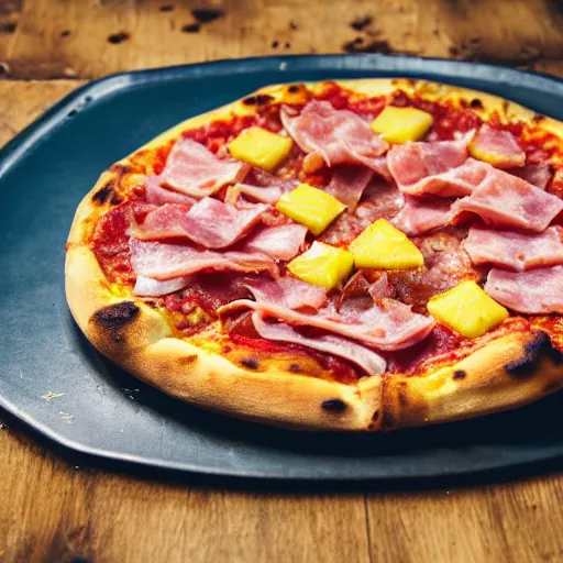 Image similar to pizza with ham pineapple and chesse profesional commercial photo shot 4 k