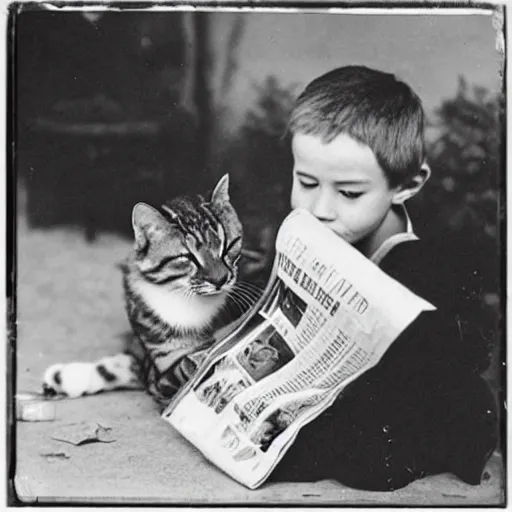 Image similar to photograph of a kid reading the newspaper to a cat, black and white, vintage photography