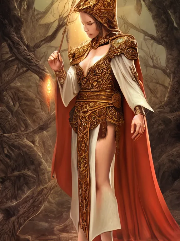 Prompt: sideview of a dnd young priestess in a temple, earth attuned, brown robes, skintight, cloak, beautiful, light brown skin, red hair, happy, metallic brass accessories, spellcasting, leg showing, high fantasy, detailed face, highly detailed, sharp focus, smooth, digital illustration, by clyde caldwell