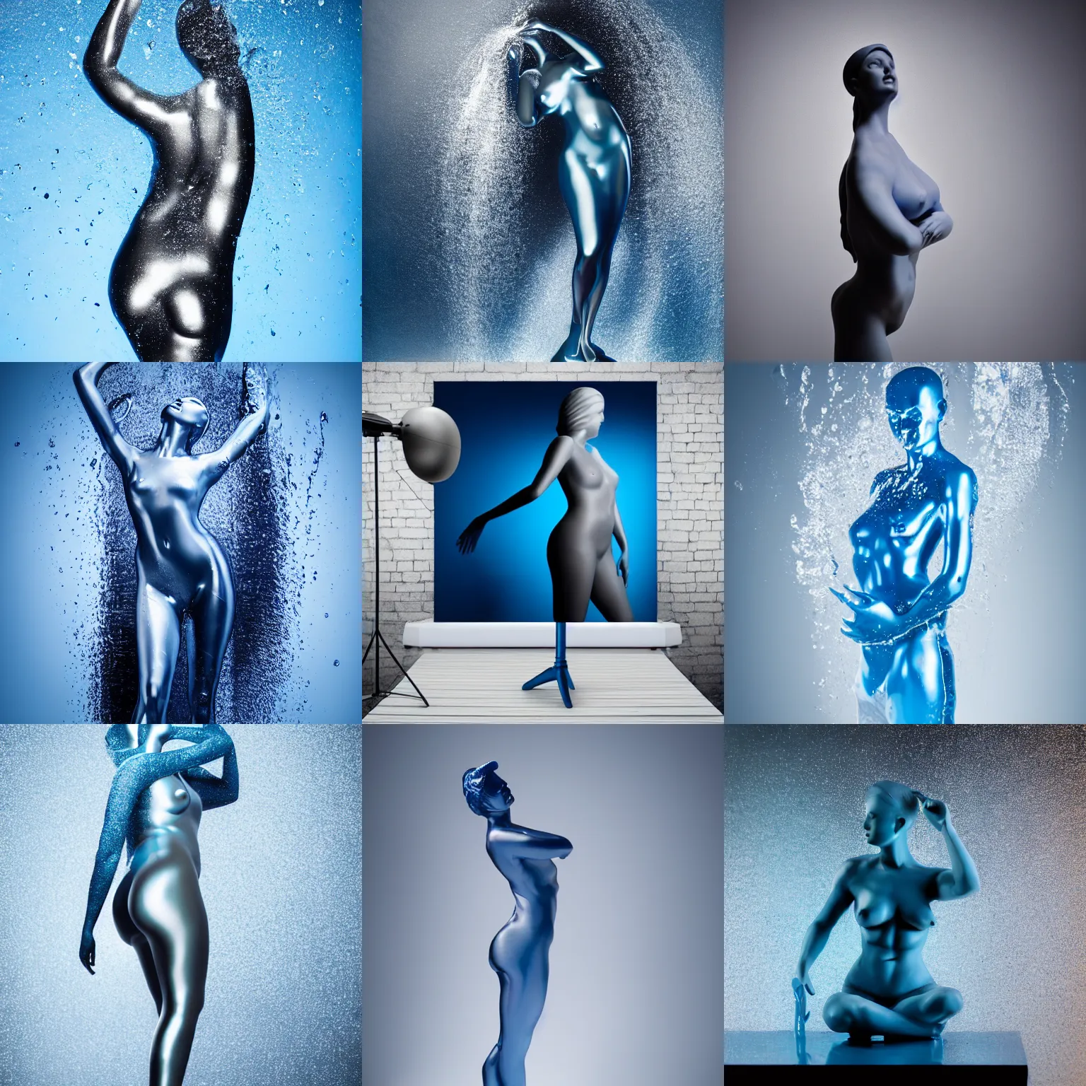 Prompt: perfect statue of a woman, blue, grey anodized aluminium ( desgined by apple ) in a splash of water, studio photo, studio lights, macro shot