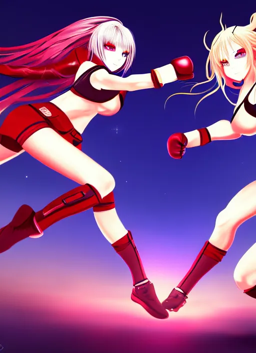 Image similar to two beautiful identical female fighters facing each other, dim lighting, gorgeous features, high resolution, detailed digital anime art