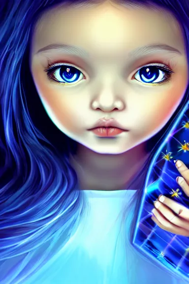 Prompt: mysterious girl child with her long black hair dressed in a chequered robe, carrying blue very big magical crystal, digital art, hd, 4 k, hyper detailed